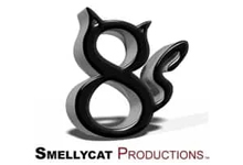 A black and white picture of the smellycat productions logo.