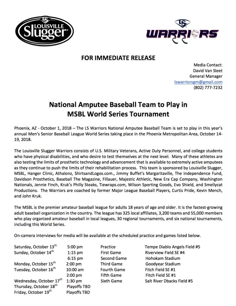 A press release about the national amateur baseball team.