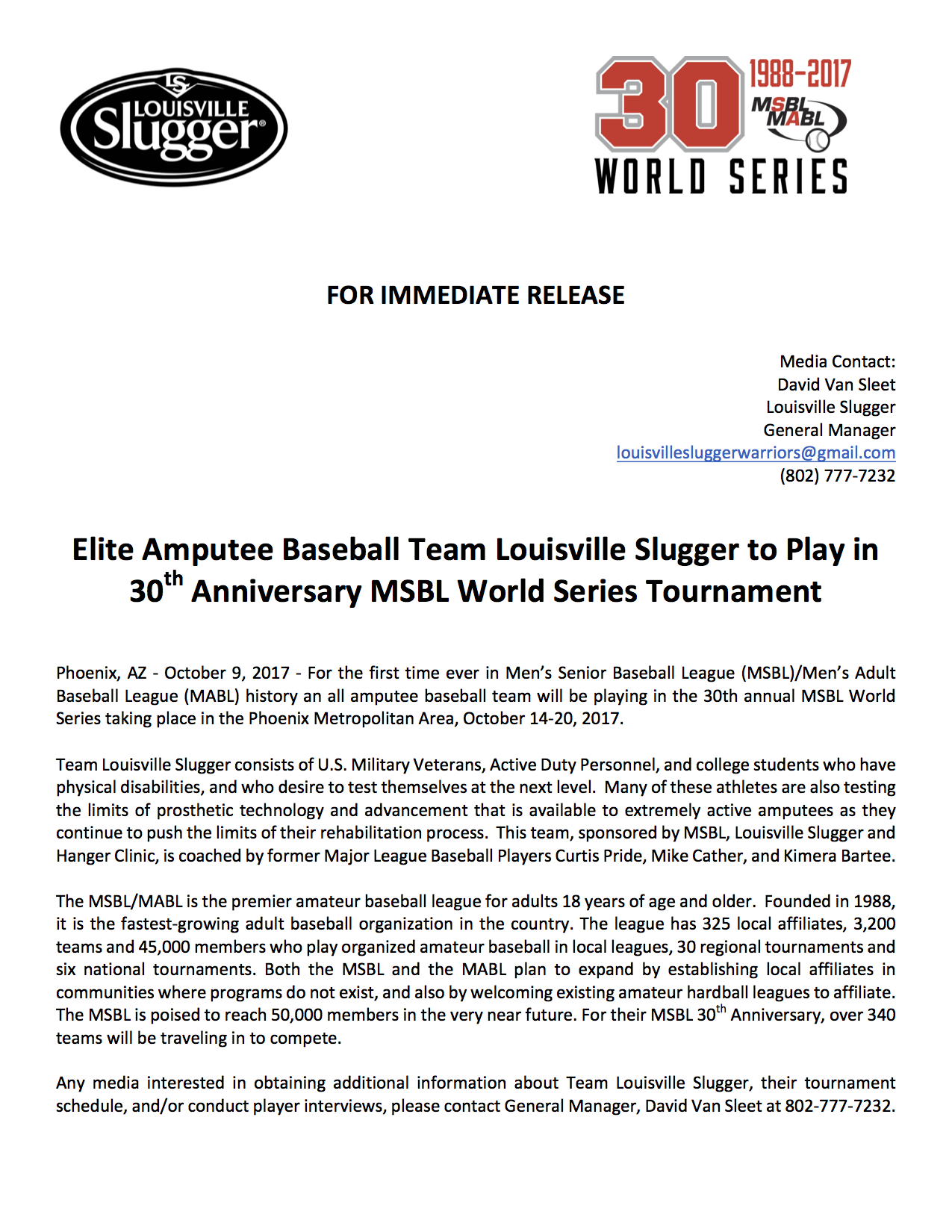 A press release about the 3 0 th anniversary of the world series.