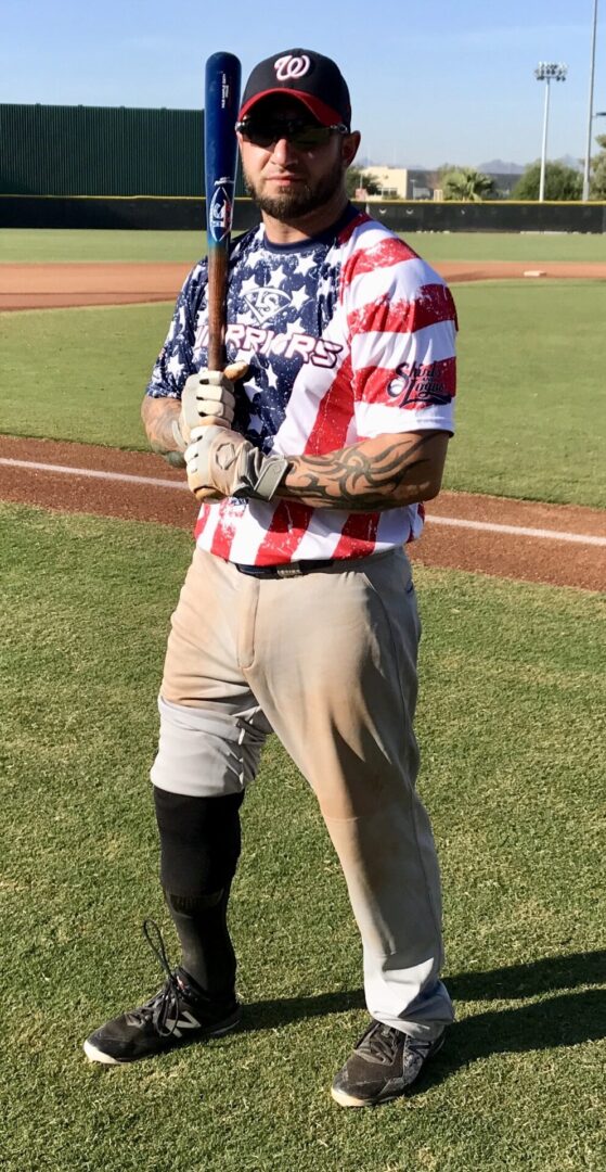 Bearded Man in USA Flag Shirt Holding Baseball Bat Copy
