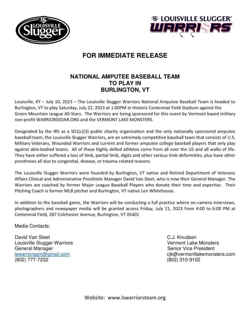 A letter from the national amputee baseball team to play in washington, vt.
