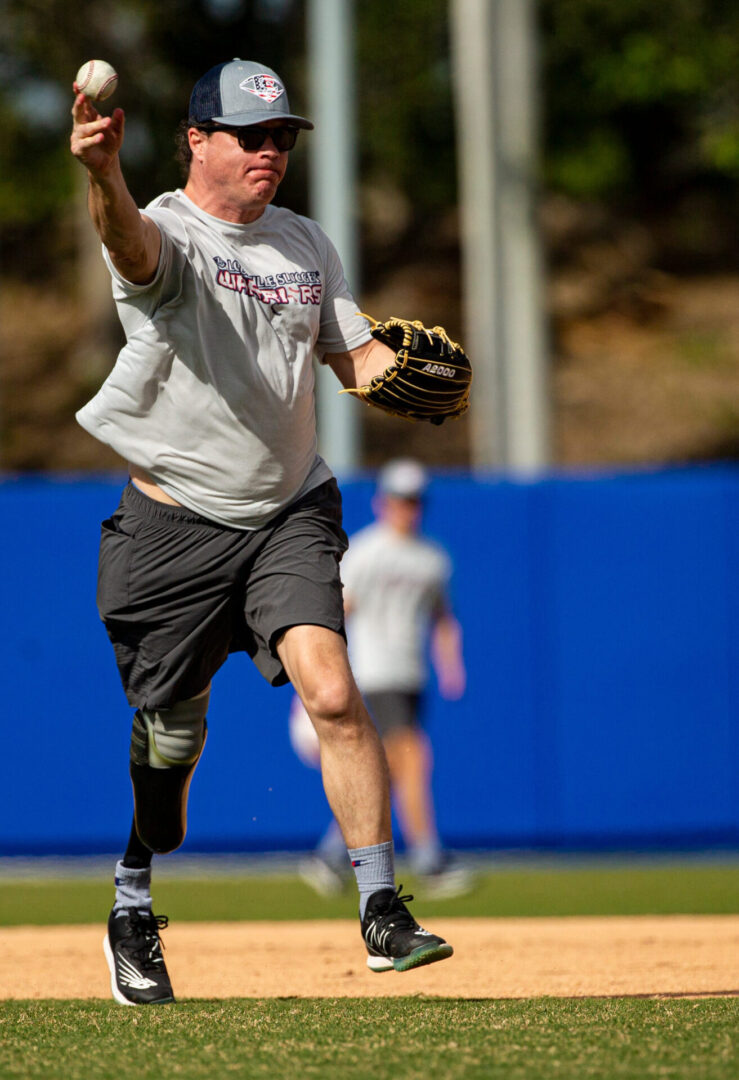 Syndication: The News-Press Derek Holcomb of the Louisville Slugger Warriors Amputee Baseball Team plays the ball during a filming session on Friday, Jan. 5, 2024. The team was in town to film their national documentary ÒCurveballsÉ Secrets to the Game of LifeÓ at Swanson Stadium at FGCU.